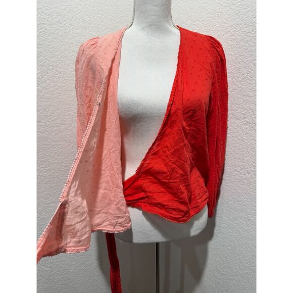 Farm Rio for Anthropologie Color Block Wrap Top Sz M Peach Red Orange - Picture 2 of 9
